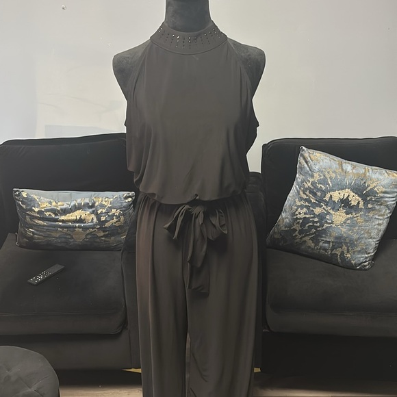 Nine West Maxi Jumpsuit. Black Halter Sequin-neck sleeveless belted stretchy - Picture 1 of 7